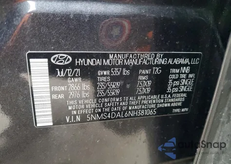 2022 Hyundai Santa Fe Limited z USA, uszkodzony, nr VIN 5NMS4DAL6NH381065